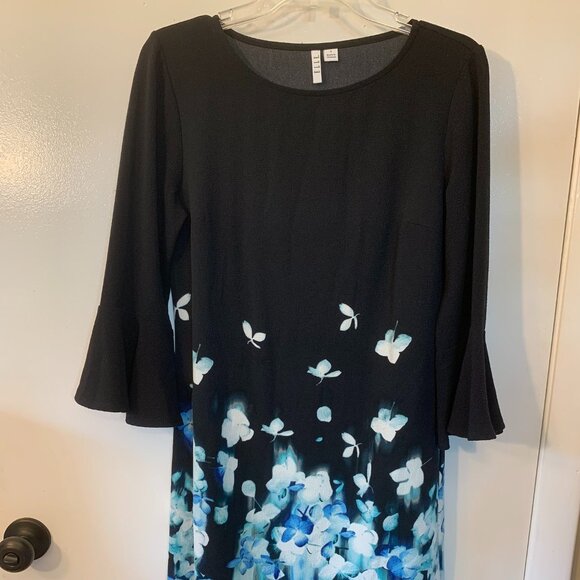 Black & Blue Floral 3/4 Bell Sleeve Dress by Elle Sz S - Picture 7 of 7